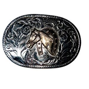 Silver Tone Western Belt Buckle Horse Equestrian‎ Rodeo Horseshoe